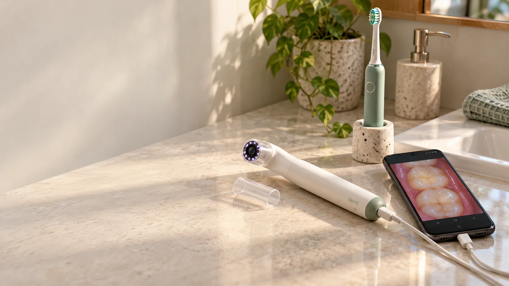 Generated concept of an ivory camera wand beside a toothbrush and a phone on a sunlit bathroom counter.