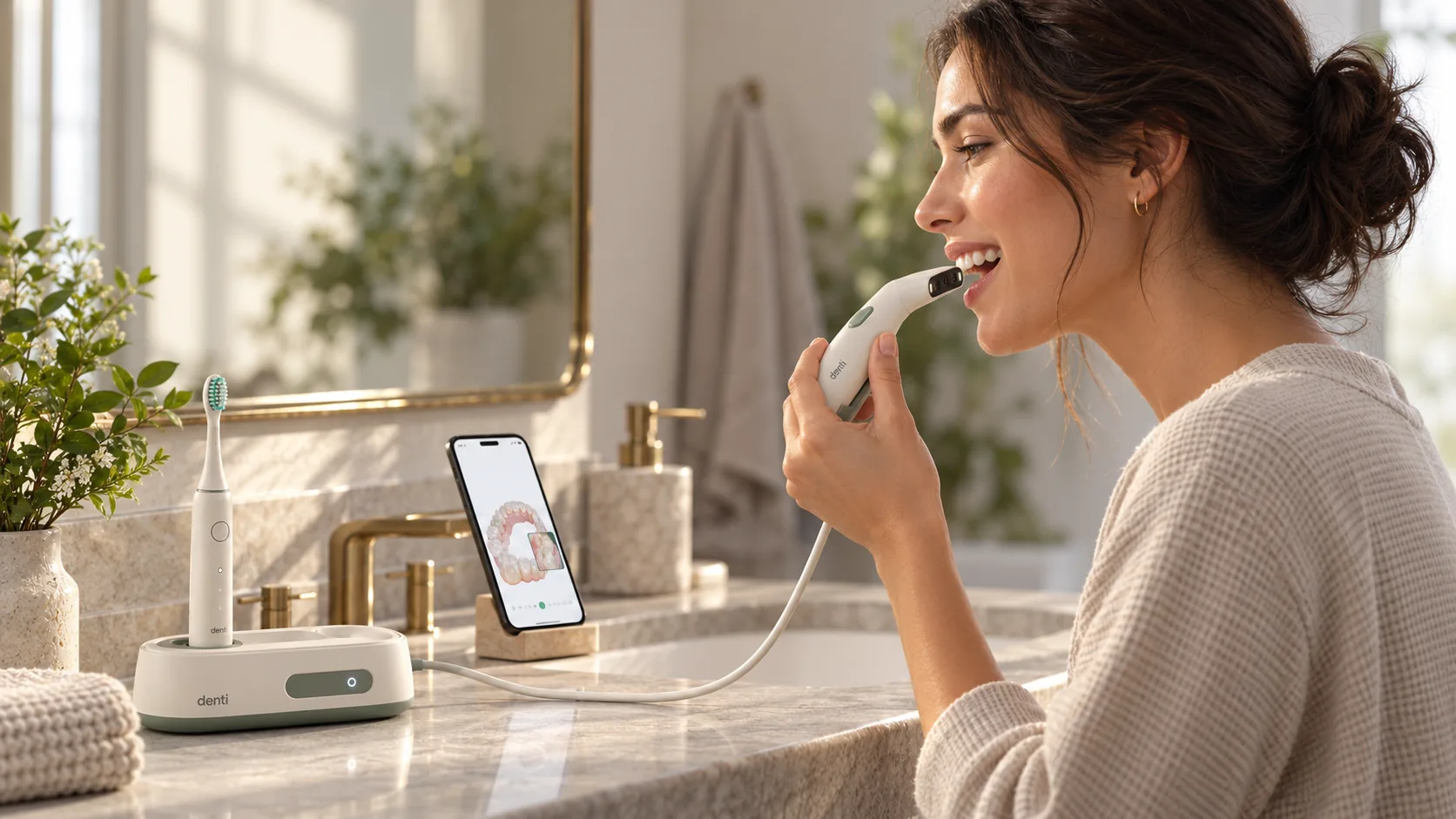 Generated future concept of a person using a separate scanning wand beside a toothbrush dock and phone.