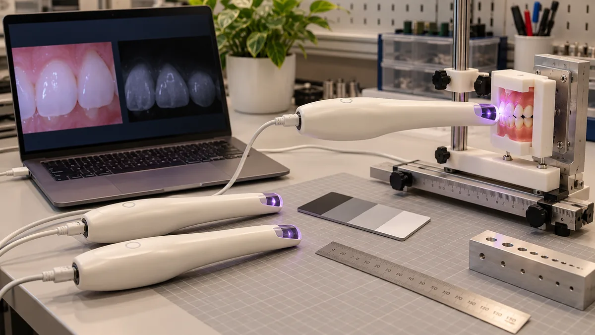 Generated illustration of camera wands, a laptop, and a tooth model on a development workbench.